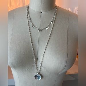 NWT Long Double Silver Tone Adjustable Length Necklace Charm Fringe Medallion